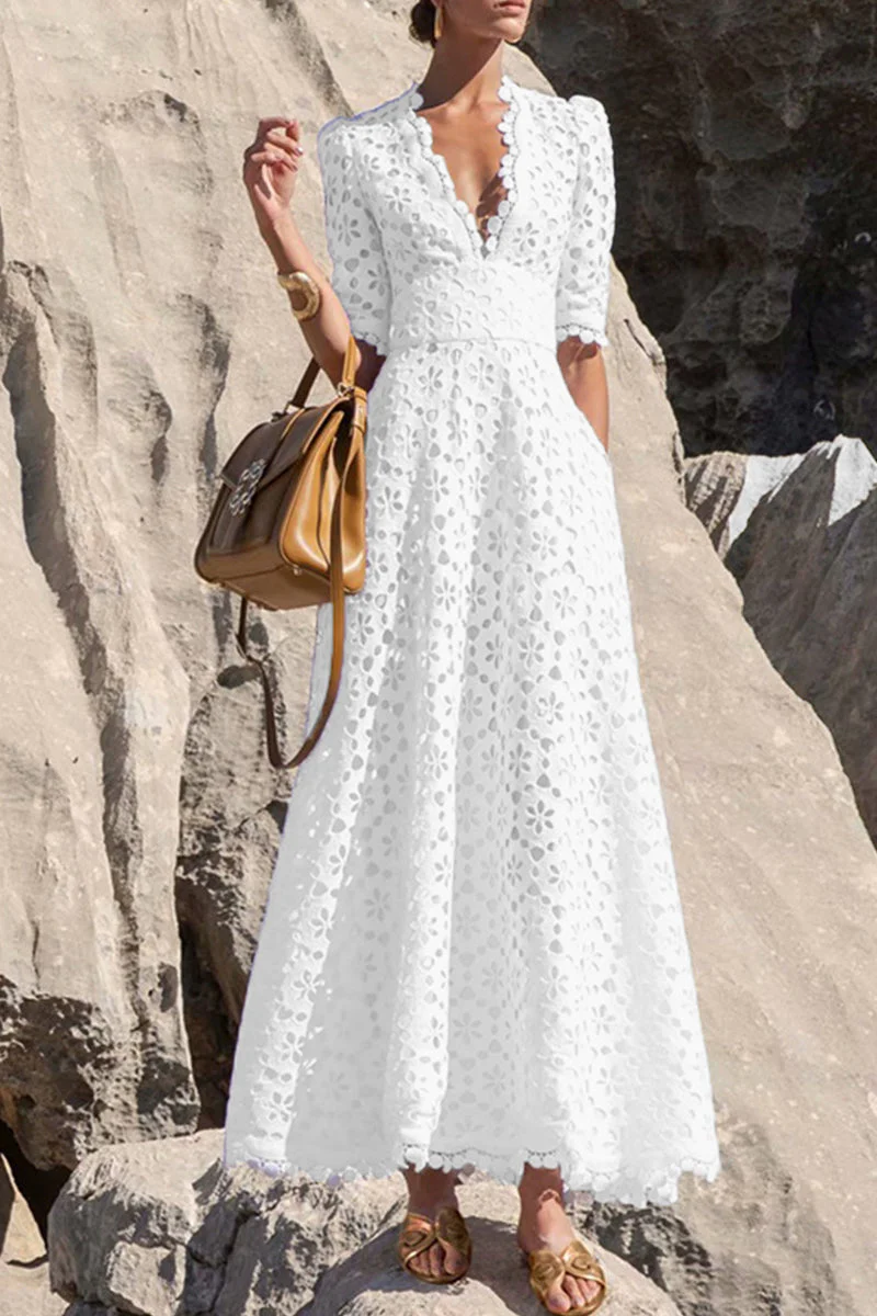 Elegant V-Neck Lace A-Line Maxi DressClistos