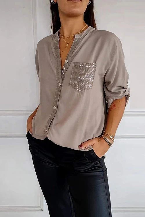 Sequin Pocket Button Down BlouseClistos