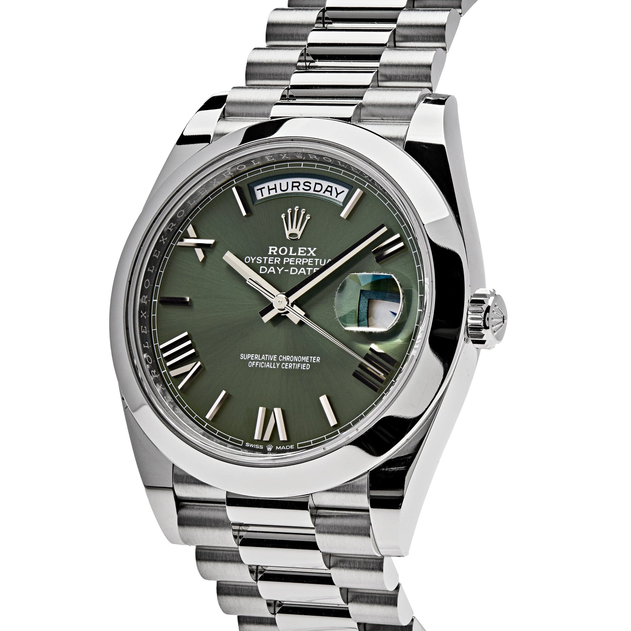 Rolex Day-Date 40 228206 Platinum President Olive Green Dial