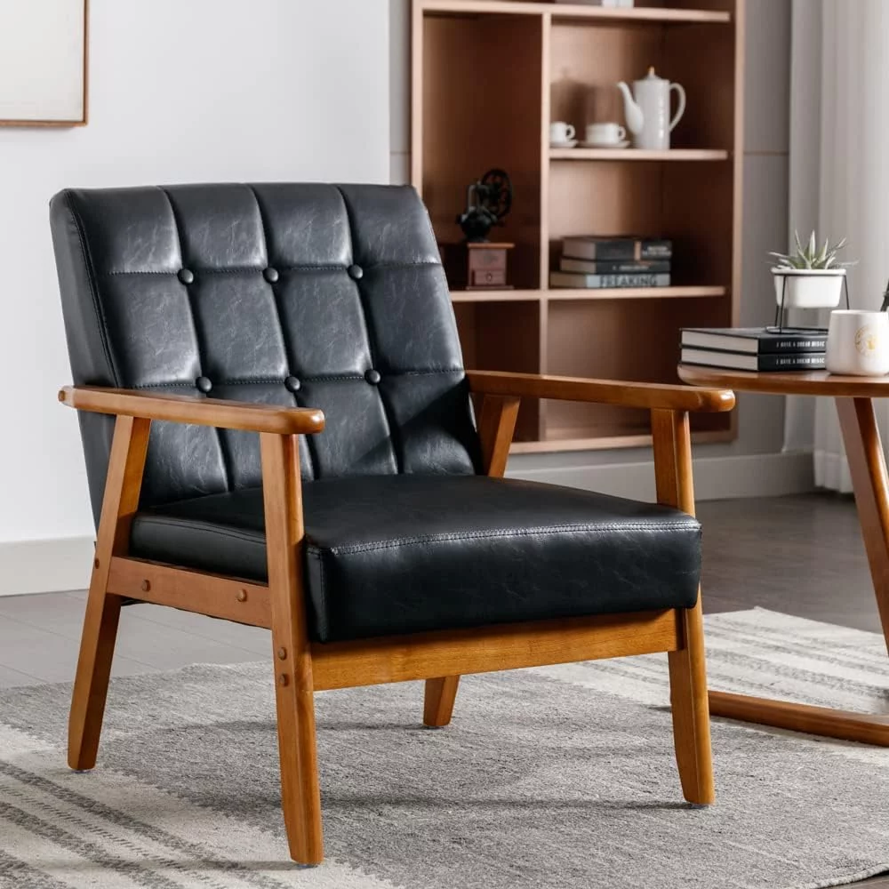 Holaki Mid Century Modern Arm Chair with Wood Frame,Linen Fabric Comfy Reading Chair,Accent Chair for Living Room Bedroom Reading,Easy Assembly,Black PU