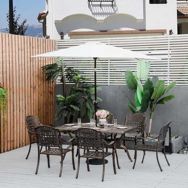 Outsunny 7Piece Patio Dining Set Cast Aluminium Outdoor Furniture Set 6 Armchairs and Table with Umbrella Hole,Bronze