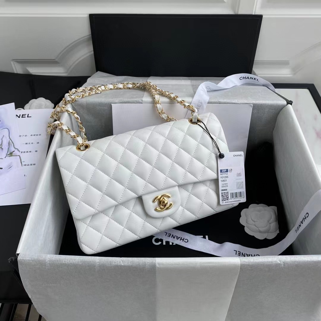 Chanel Classic Medium Handbag White 25Cm A01112