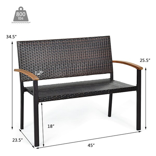 Gymax Patio Wicker Bench All Weather Rattan Chair Loveseat w/ Acacia