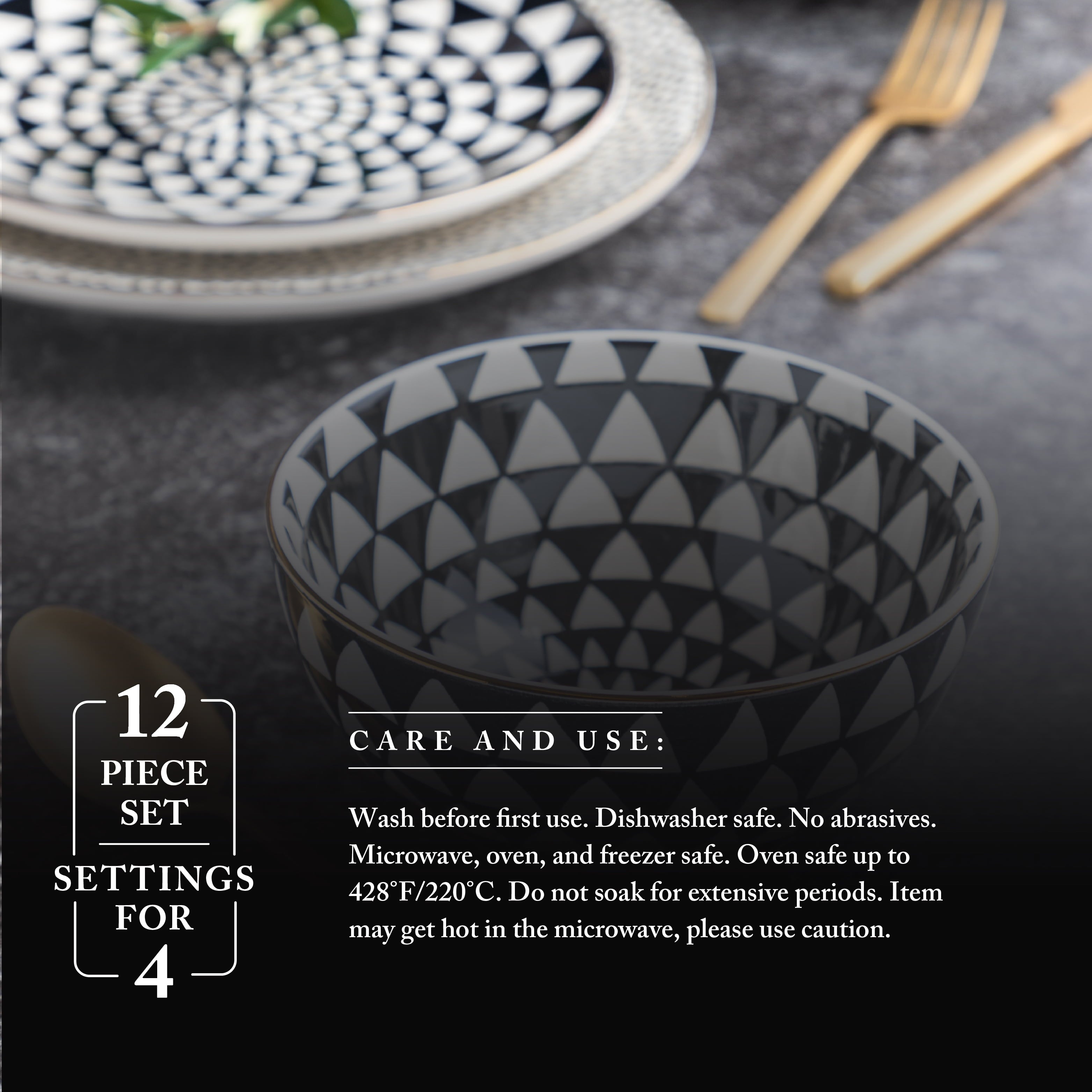 Thyme and Table Dinnerware Black and White Medallion Stoneware, 12 Piece Set
