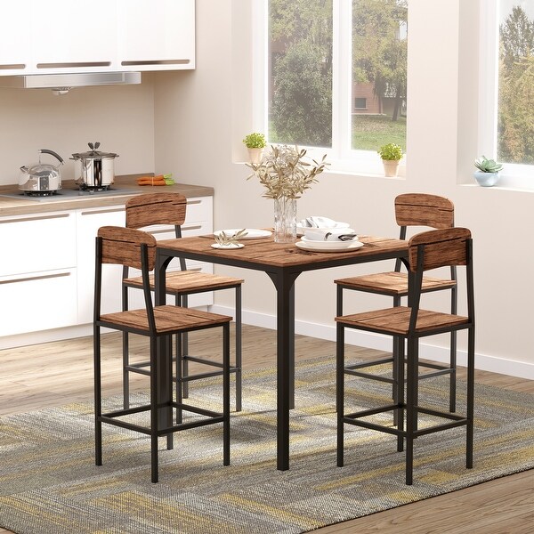Counter Height Bar Table Set for 4 with Footrest,Metal Legs