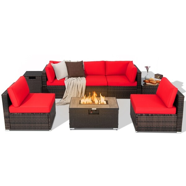 Costway 8PCS Patio Rattan Furniture Set Fire Pit Table Tank Holder
