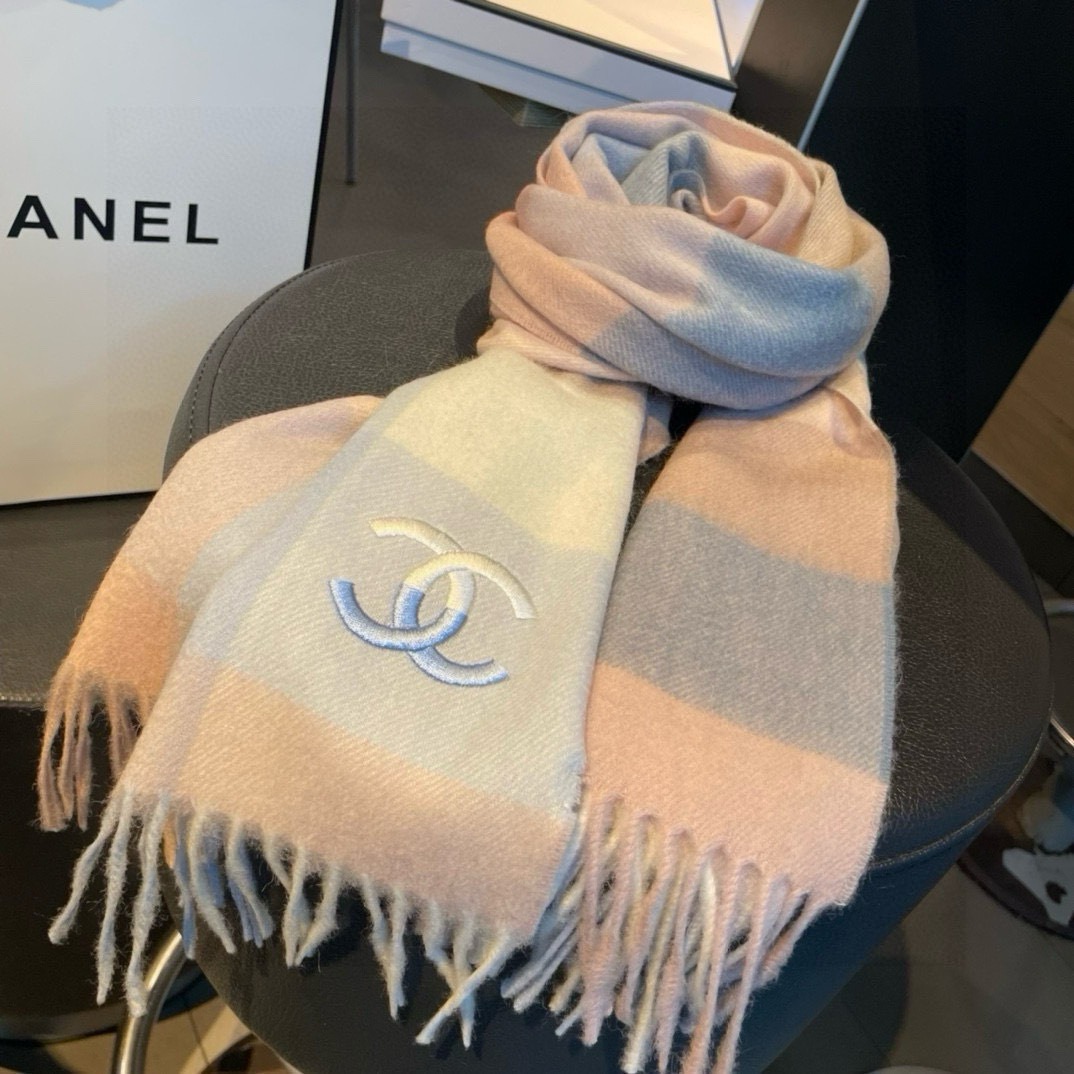 Chanel Cashmere Scarf Plaid Pink For Women 180cm