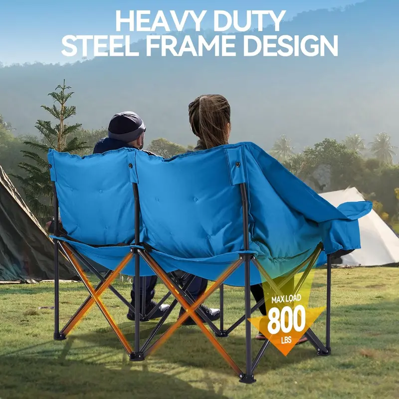 Upholstered Heavy-Duty Folding Camping Loveseat – Includes Cup Holders & Carry Bag