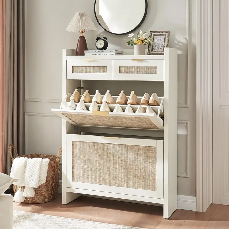 Slim Rattan Shoe Organizer – Four Flip Drawers + Two Hidden Compartments for Tight Spaces