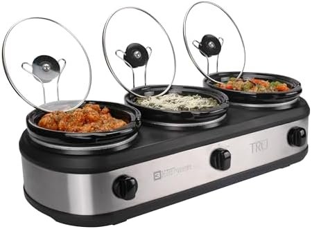Triple Buffet Server – Three 2.5 Quart Removable Crock Inserts – Slow Cooker & Food Warmer with Individual Heat Control – Includes Lid Rests & Serving Spoons
