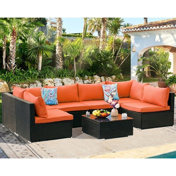 Outdoor Wicker 7Piece Conversation Sofa Set with Cushions