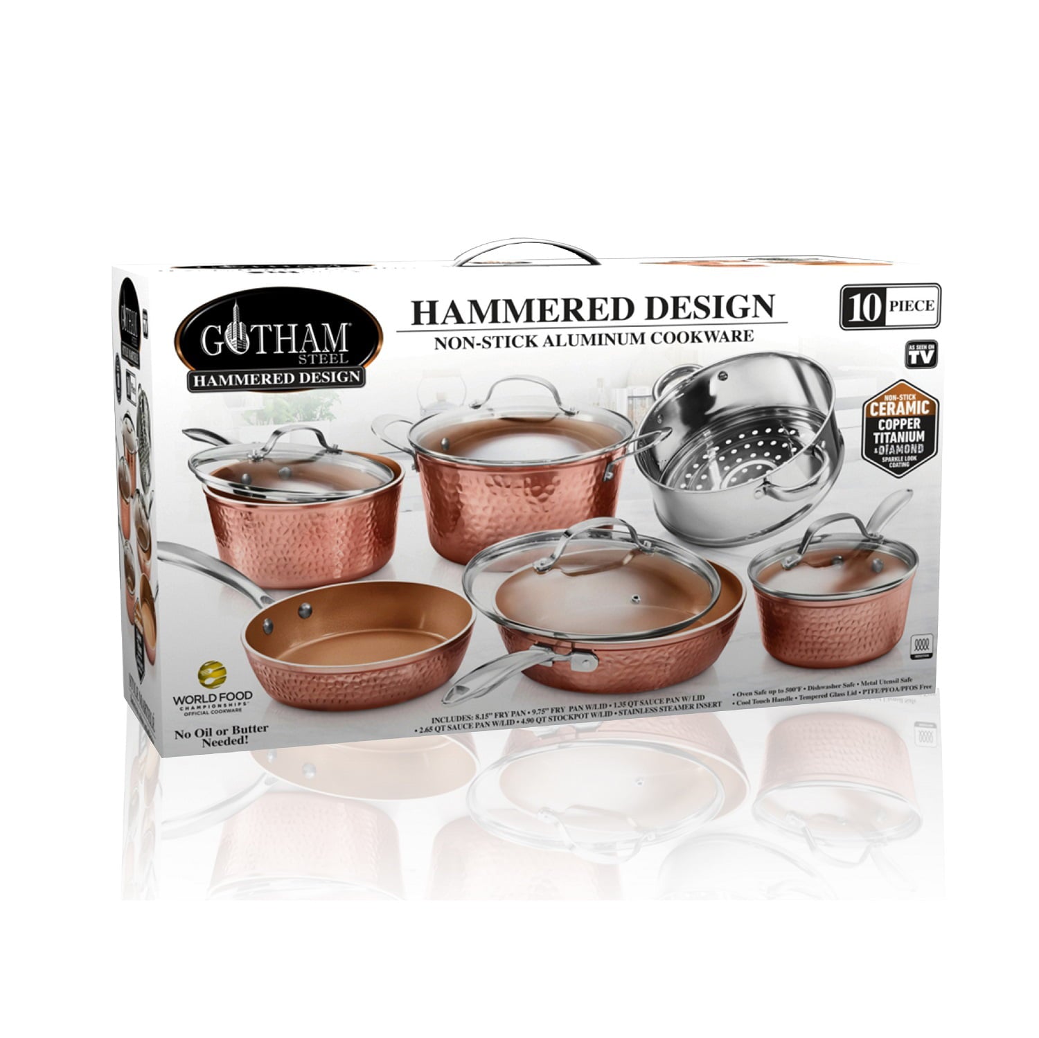 Gotham Steel Hammered 10 Piece Cookware Set, Oven Safe, Dishwasher Safe – Elegant Pots and Pans
