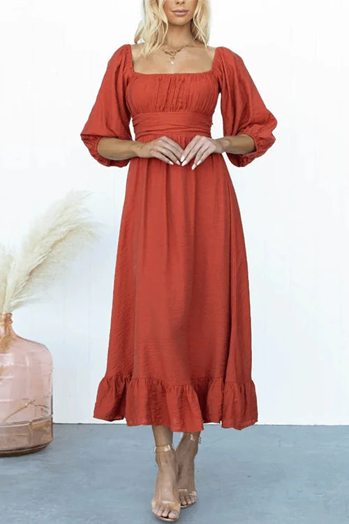 Puff Sleeve Square Neck Midi Dress with Bow BackClistos