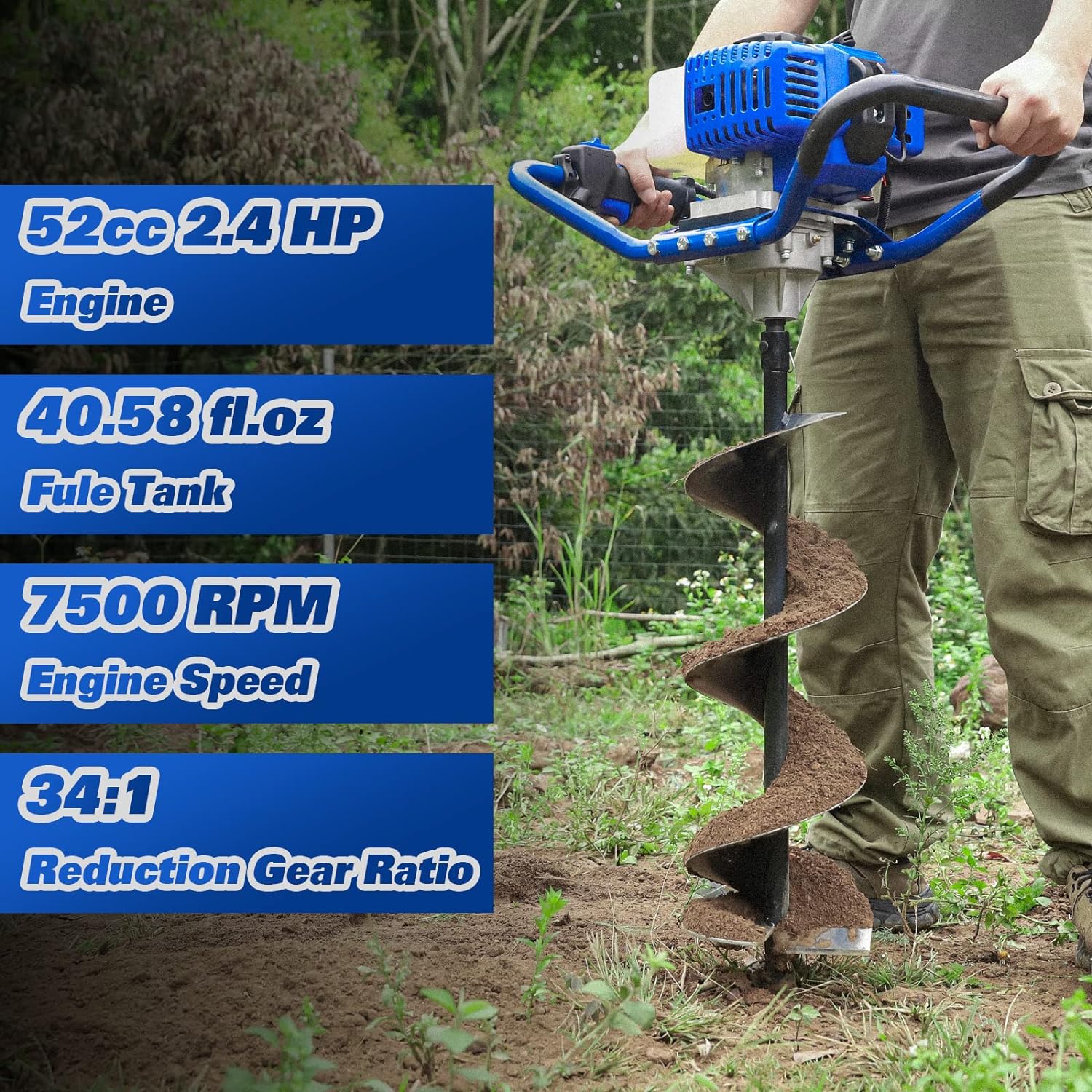 Post Hole Digger Gas Powered, 52cc 2.4 HP 2 Stroke Engine Earth Auger with 8