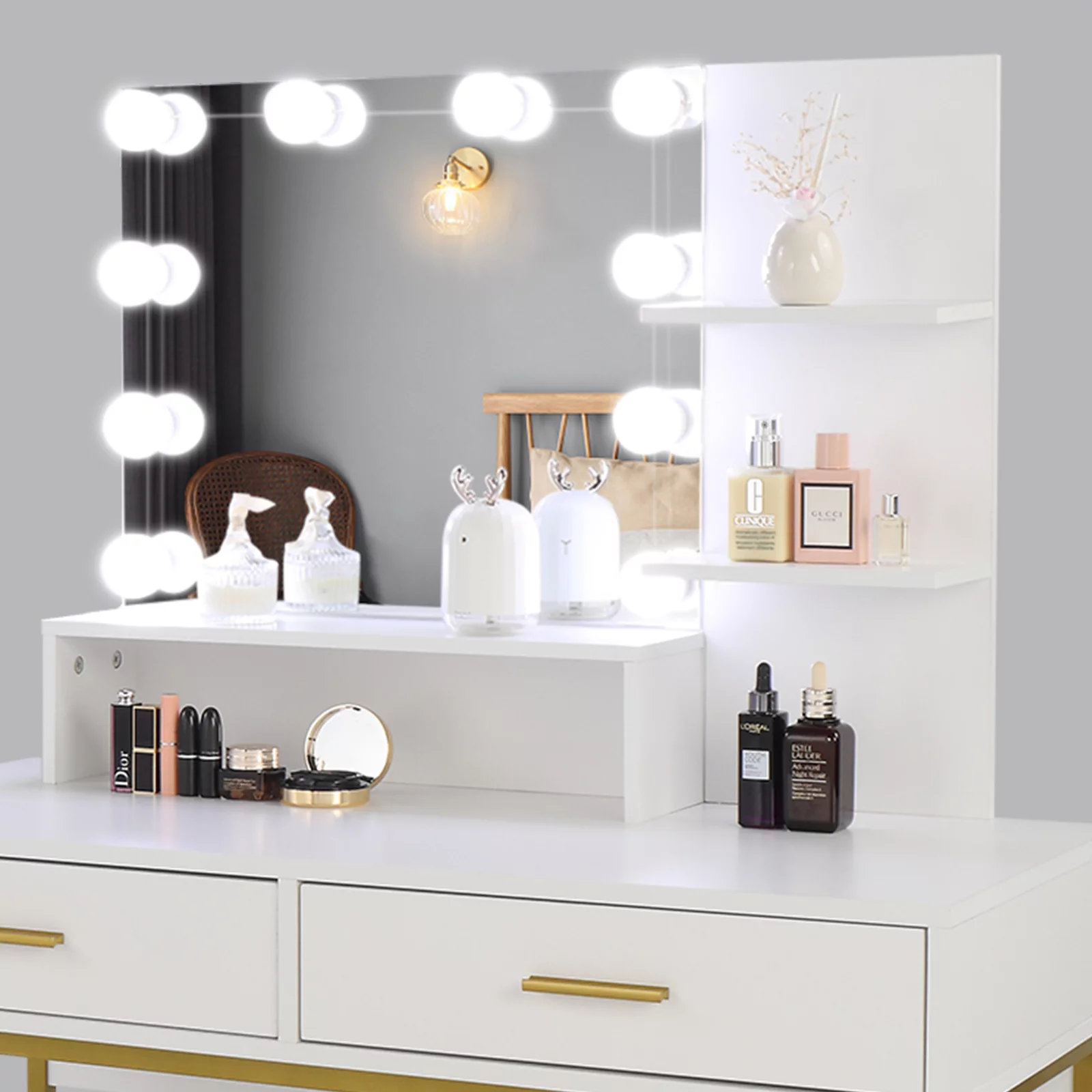 Smuxee Modern Vanity Table with Lighted Mirror,2 Drawers,3 Shelves,Dressing Table for Bedroom,White