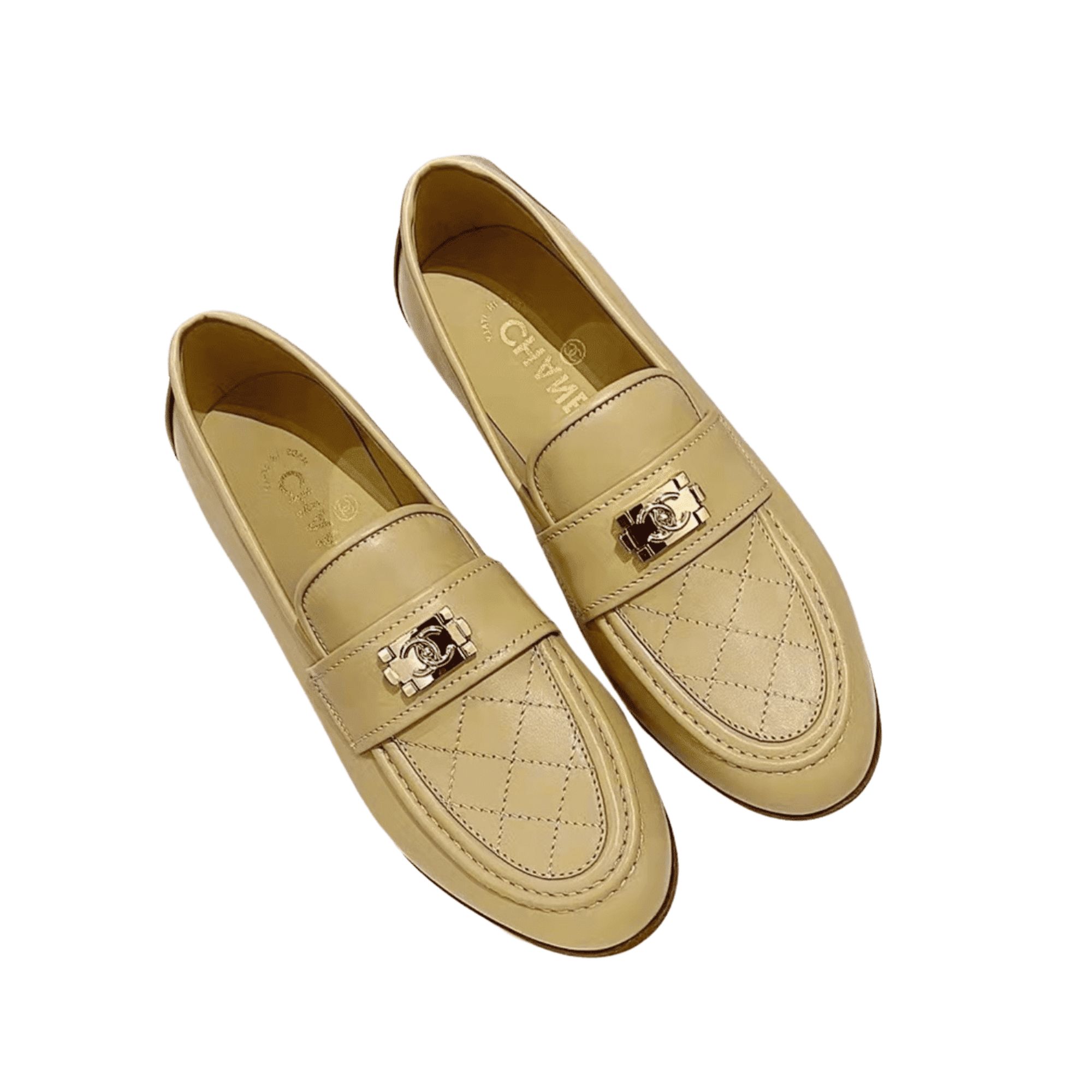 Chanel 20B Quilted Boy Lego Metal Logo Gold Mule Slip On Flat Loafers Beige