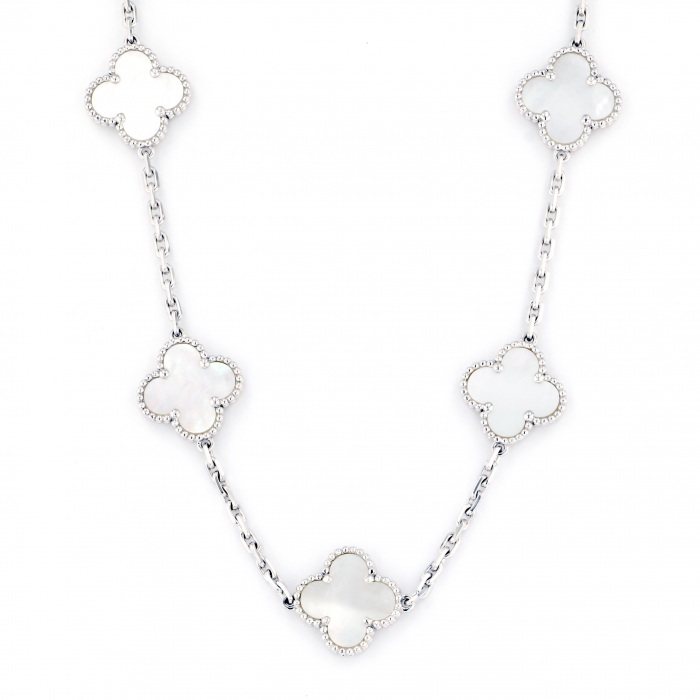 Van Cleef & Arpels Vintage Alhambra Necklace 10 Motifs 18K White Gold Mother of Pearl