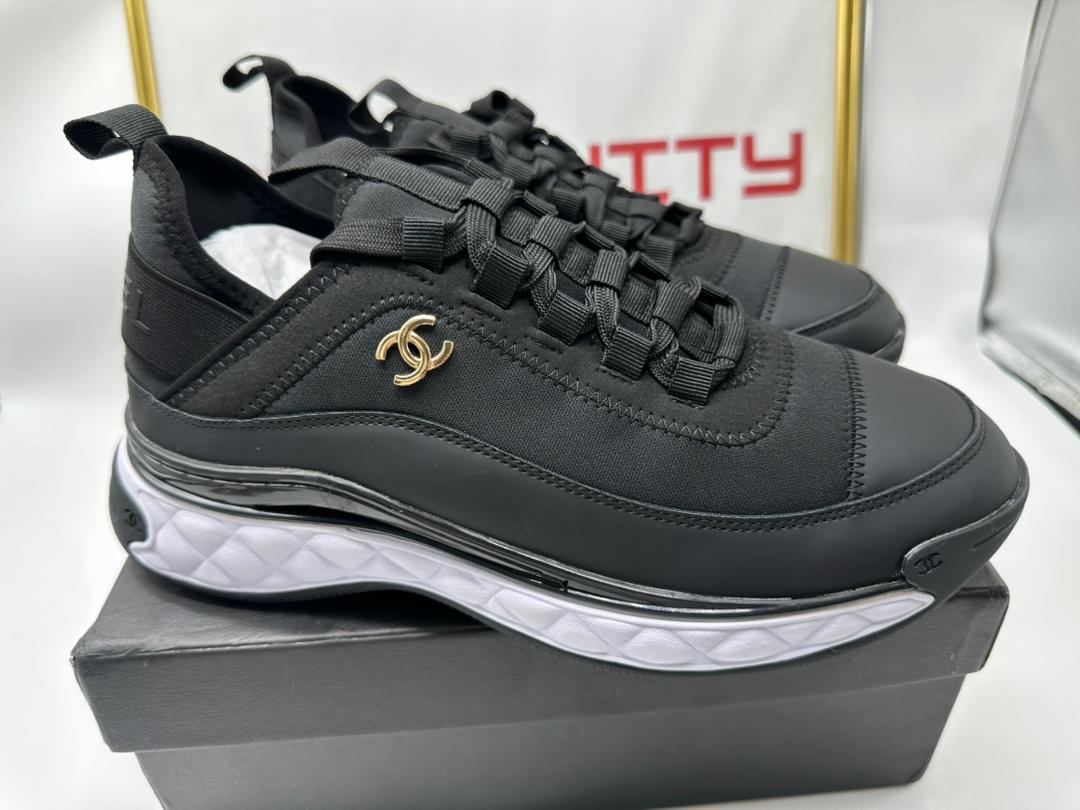 Chanel CC Logo Black Knit & Leather Chunky Sneakers G39763