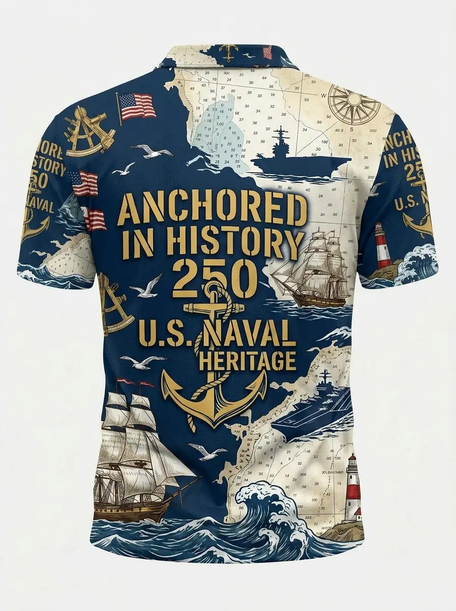 Moisture Wicking Golf Polo 3D Anchored in History 250 U.S. Naval Heritage Nautical Button Short Sleeve Golf Polo Shirt