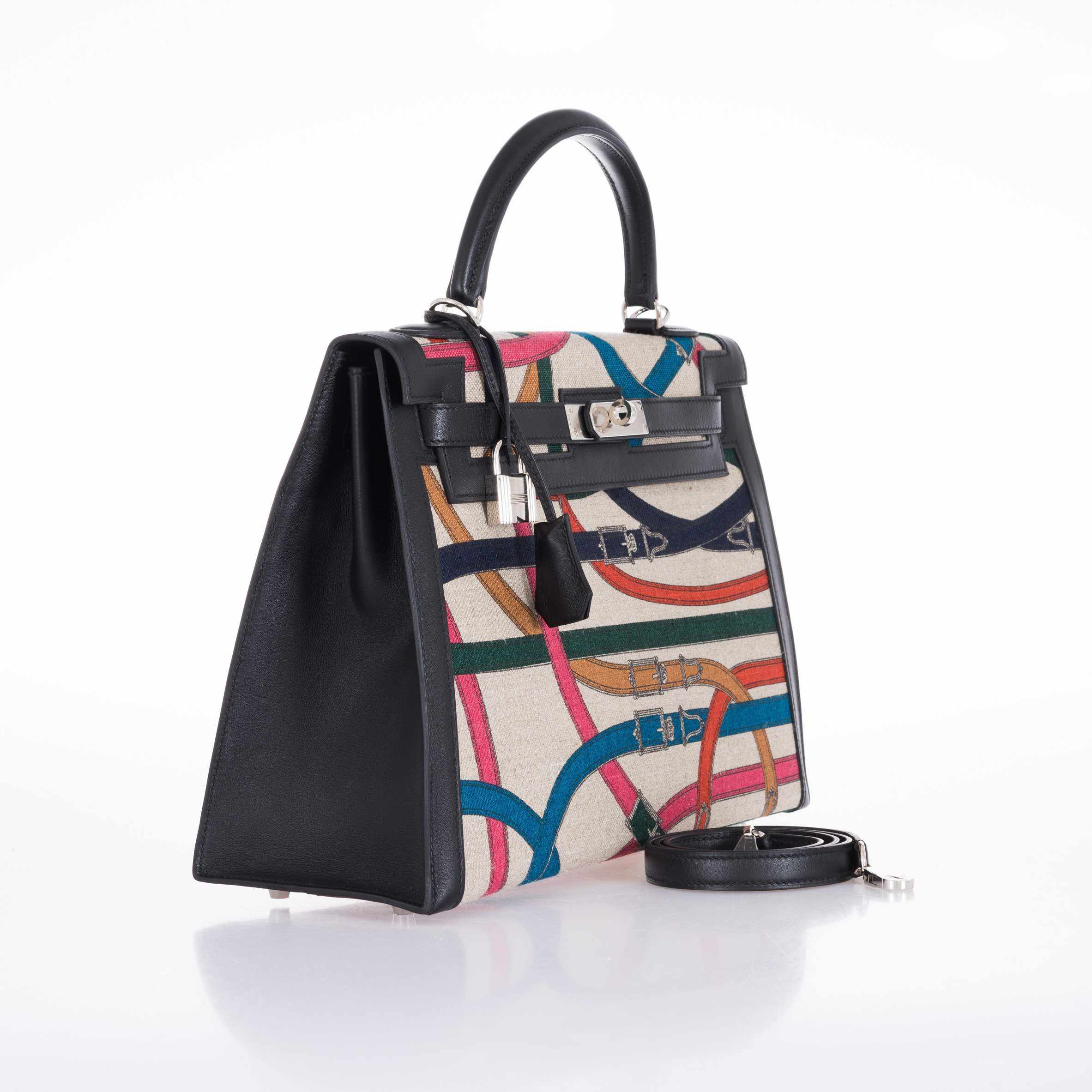 Hermès Kelly 32 Sellier Toile de Camp Cavalcadour and Noir Leather Palladium Hardware