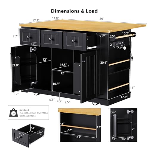 Rolling Kitchen Island with Drop Leaf & Power Outlet, Large Kitchen Islands Cart on Wheels, Movable Kitchen Island with 5 Open Storage Shelves & Towel Rack for Kitchen, Dining Room, 48-Inch, White