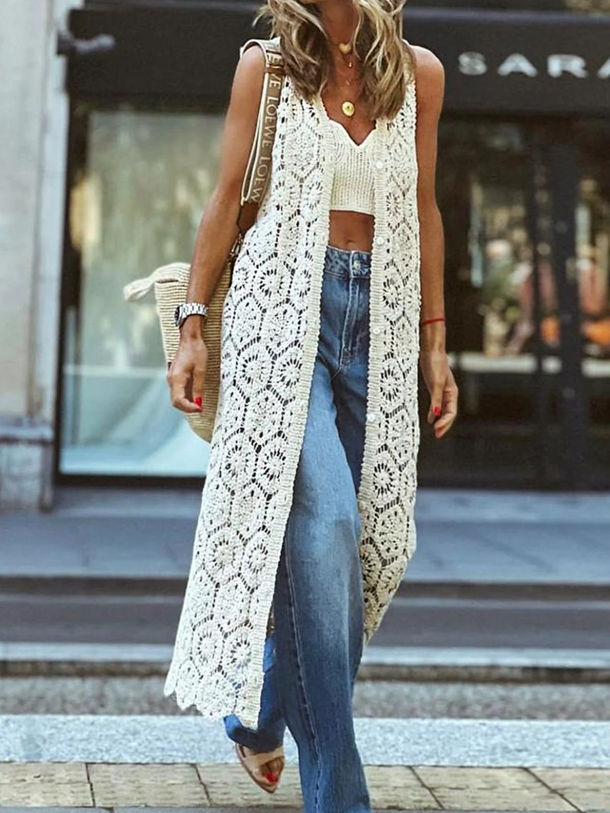Crochet Knit Longline Vest | Sleeveless Open Front Cover UpClistos