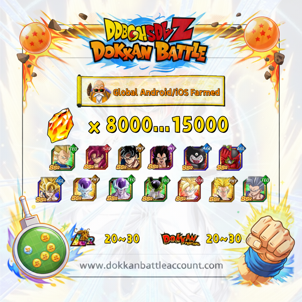 [Global] Dokkan Battle Farmed Account 13000 DS with 11th anniversary 4 cards WWDC 6 cards and beast gohan Cell Max and Gomah for Android