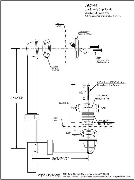 Westbrass 592144-20 Black 1-1/2 in. Tubular Trip Lever Bath Waste - Stainless Steel