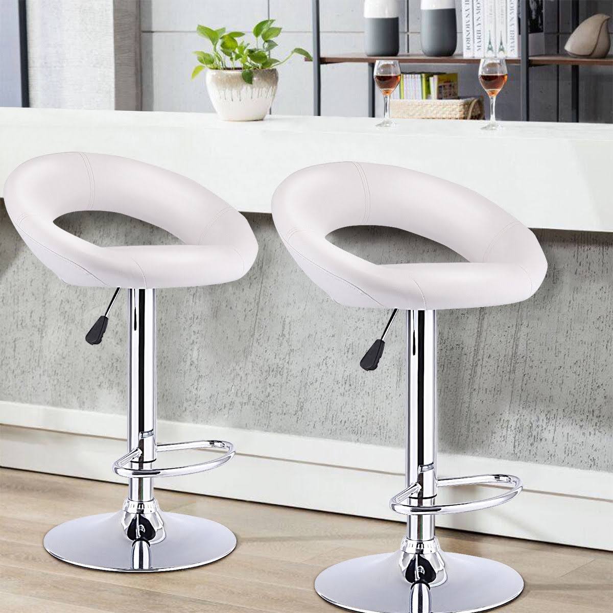 Costway Adjustable PU Leather Barstools Swivel Pub Chairs, White, Set Of 2