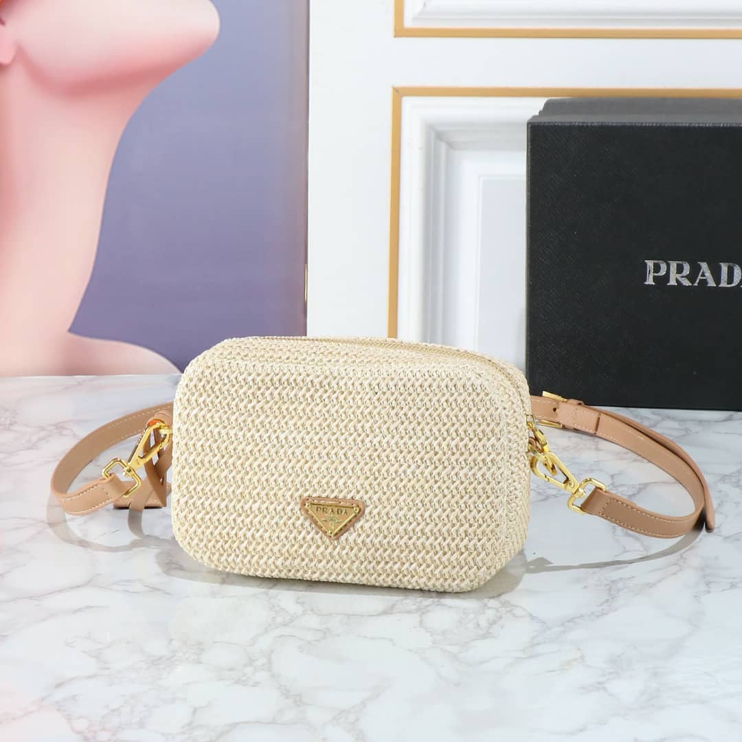 Prada Raffia Crochet Shoulder Bag Natural 20Cm