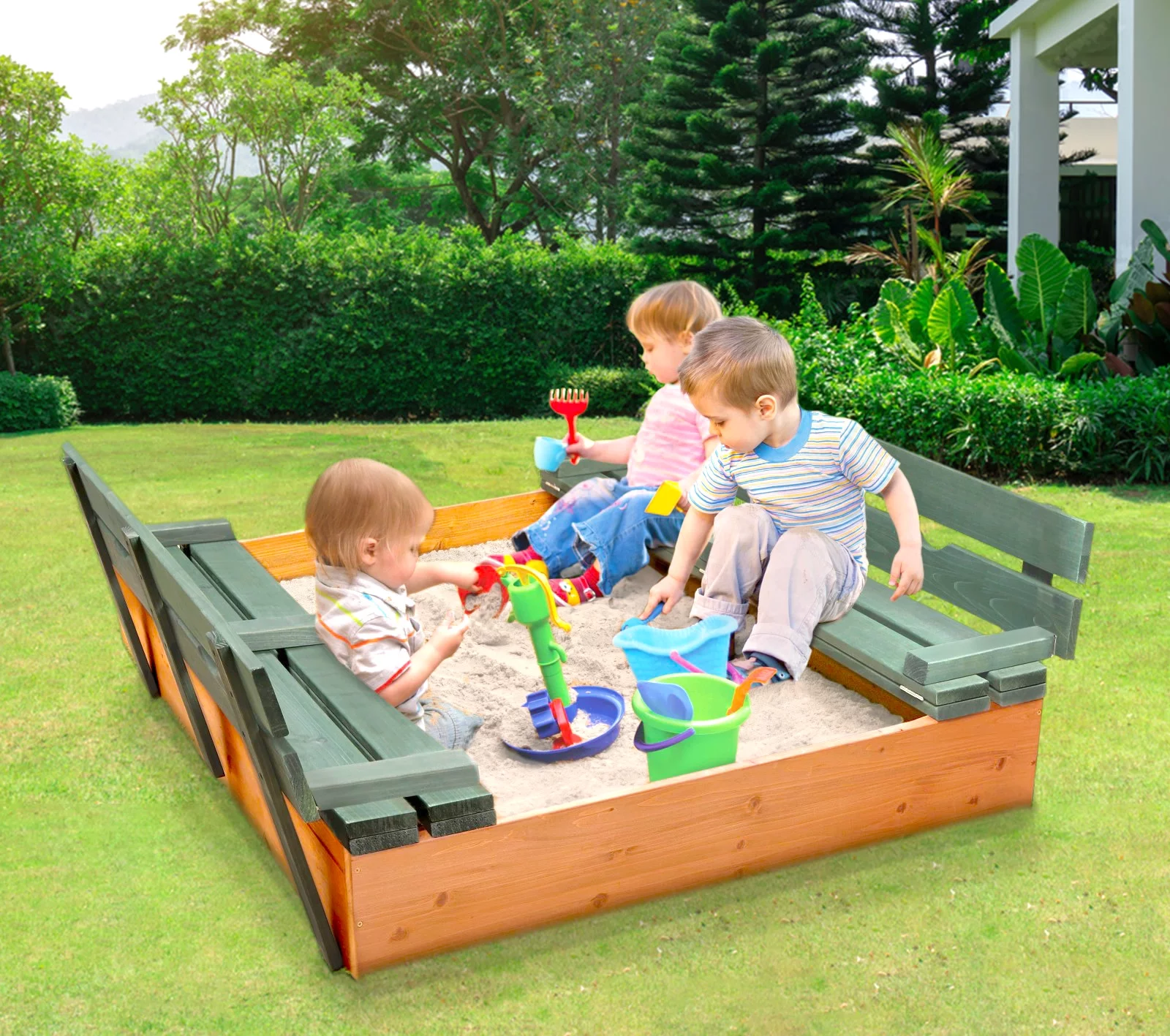 Badger Basket Covered Convertible Cedar Sandbox with Two Bench Seats - Natural/Green