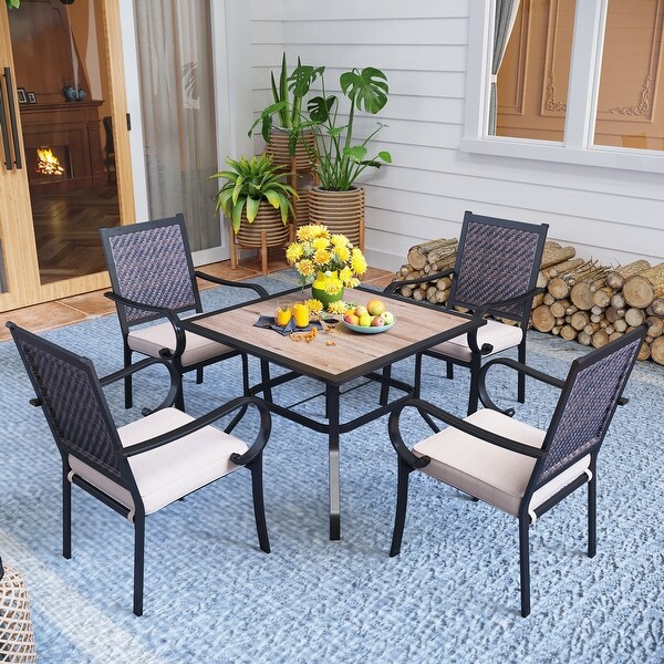 MAISON ARTS 5piece Patio Dining Set,4 Rattan Chairs with Cushion and 1 Table with Umbrella Hole