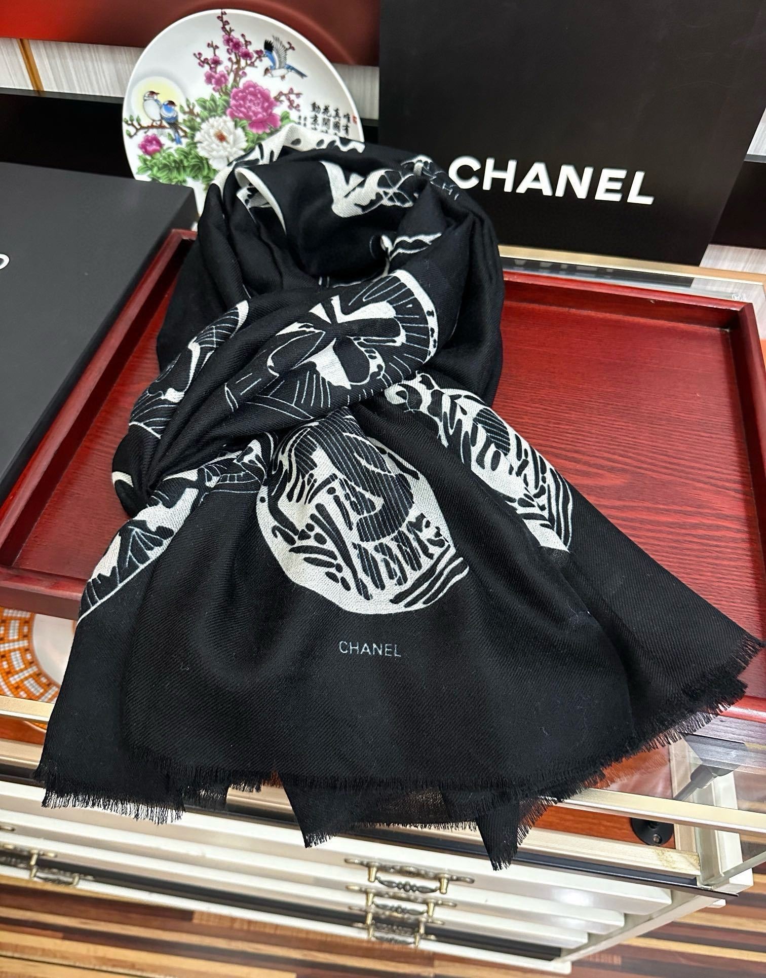 Chanel Silk Shawl Charm Chain Motif Black For Women 200cm