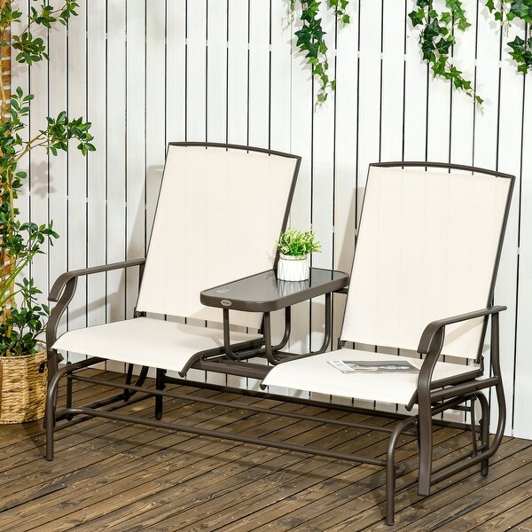 Outsunny 2Person Outdoor Glider Bench w/ Center Table,Steel Frame for Backyard Garden Porch,Beige