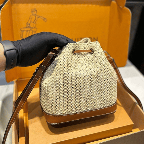 Louis Vuitton Noé Purse Raffia Woven Mini Bucket Bag Brown 7.5 Inches