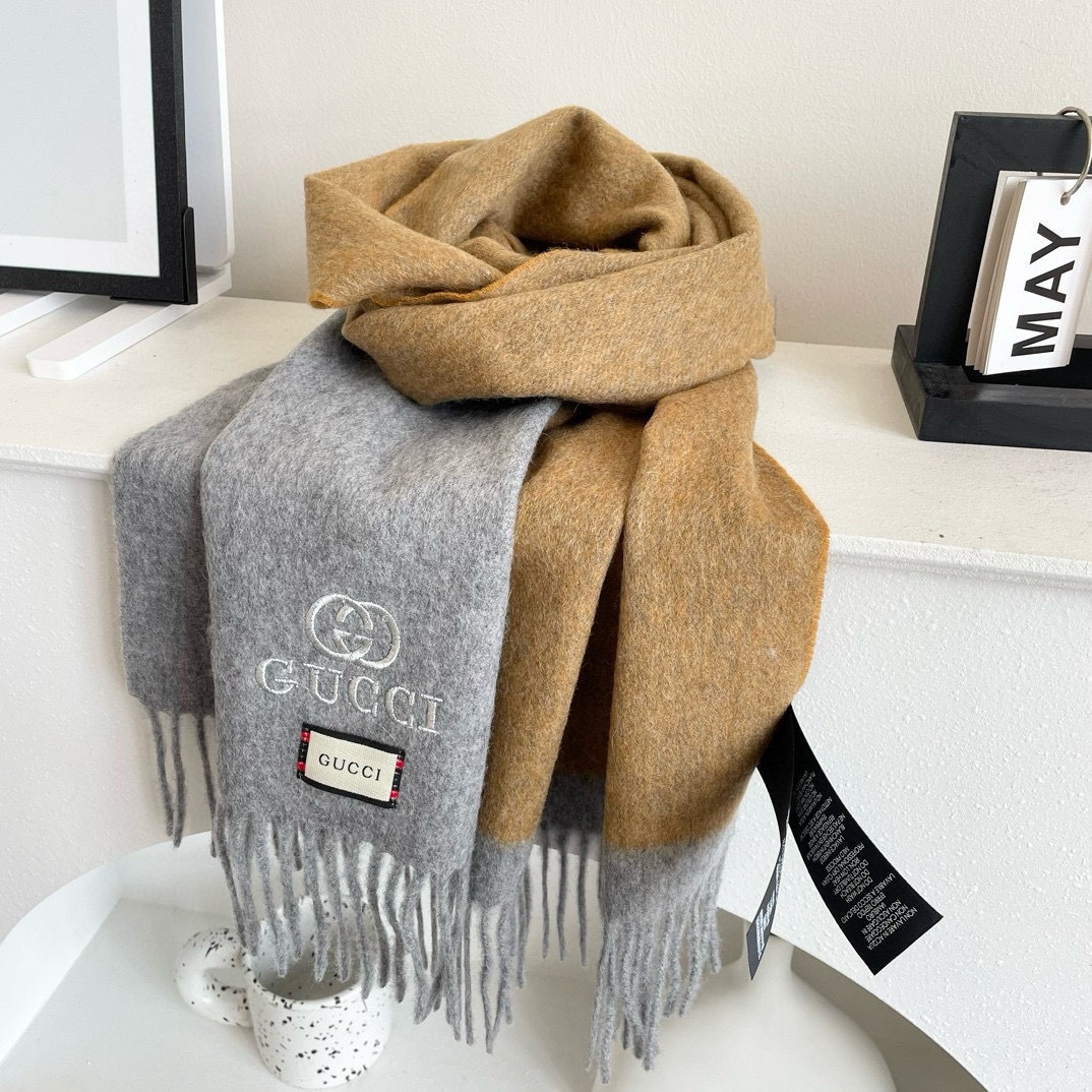 Gucci Cashmere Scarf Colorblock Camel Gray For Women 190cm