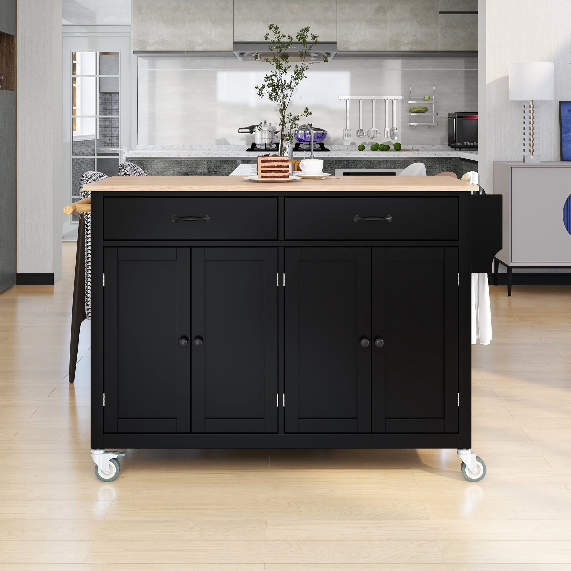 COOKCOK Kitchen Island Cart,Rolling Mobile Kitchen Island Cart with Wood Top and Locking Wheels,Storage Utility Cart with 4 Door Cabinet and Two Drawers,Spice Rack,Towel Rack,Black
