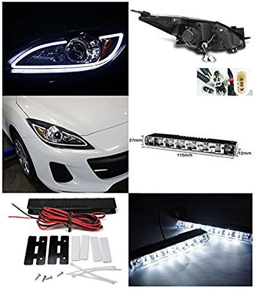 Mazda 3 JDM Black LED DRL Strip Projector Headlights w/ 6-LED Fog DRL