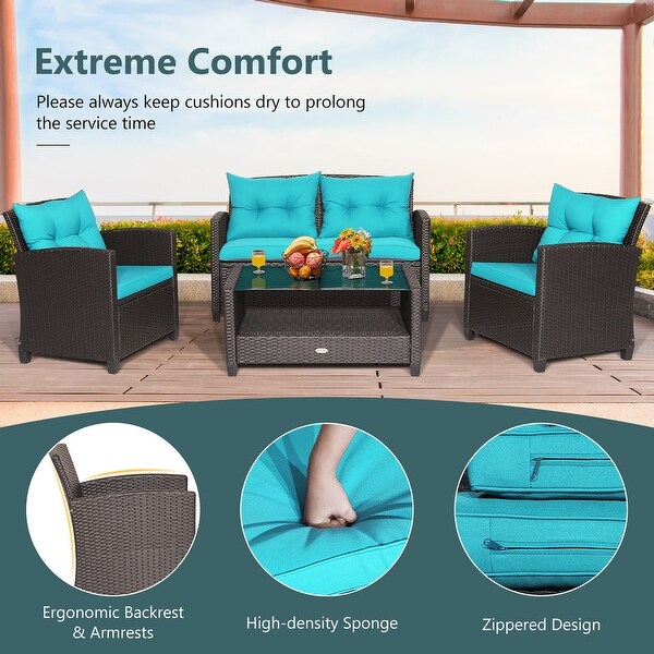 Costway 4 PCS Patio Rattan Furniture Set Glass Table Shelf Sofa