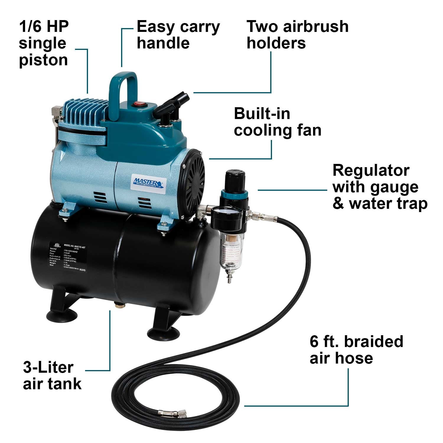 Master Airbrush Model TC-40T - Cool Runner Professional High Performance Single-Piston Airbrush Air Compressor with 3-Liter Air Tank, 2 Holders, Regulator, Gauge, Water Trap Filter & Air Hose