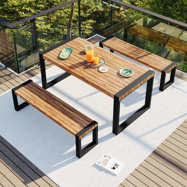 3Piece Acacia Outdoor Picnic Table Set With 2 Benches,With Acacia Wood Top and Steel Frame