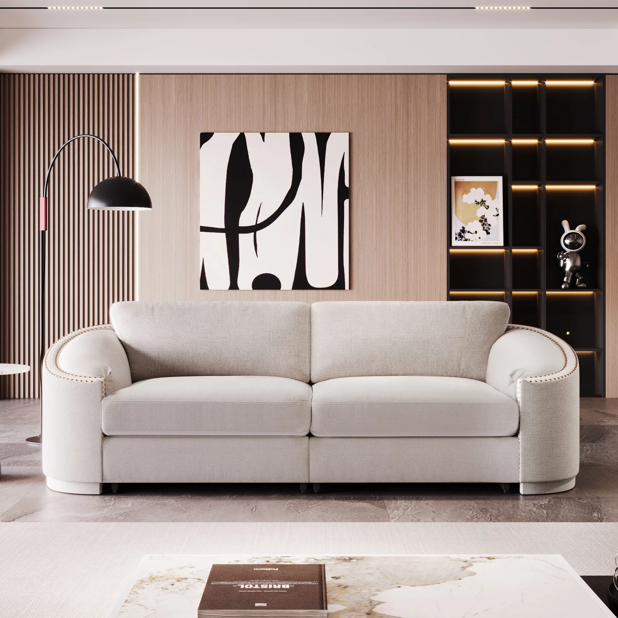 3-Seater Sofa Couch, KAMIDA Sofas and Couches, Upholstered Sofa Couch with Semilunar Arm and Rivet Detailing, Heavy Duty Couch Furniture for Home Apartment Living Room, 92