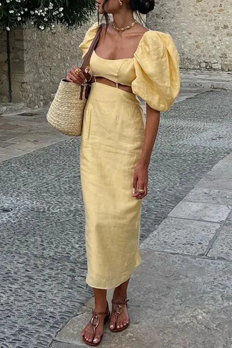 Hollow Out Square Neck Maxi Dress with Puff SleevesClistos