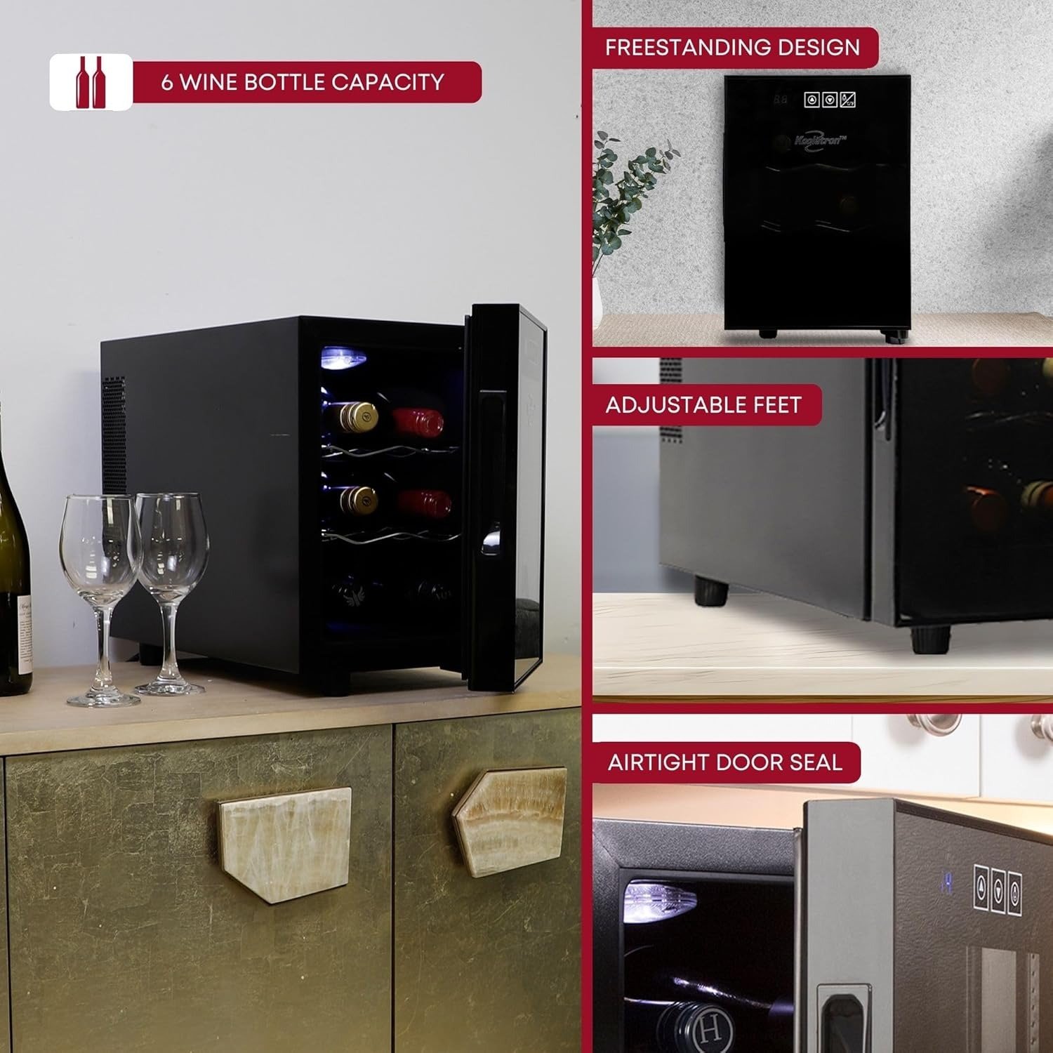 16L (0.6 Cu.Ft) 6-Bottle Wine Cooler Freestanding Countertop Digital Temp Control Black