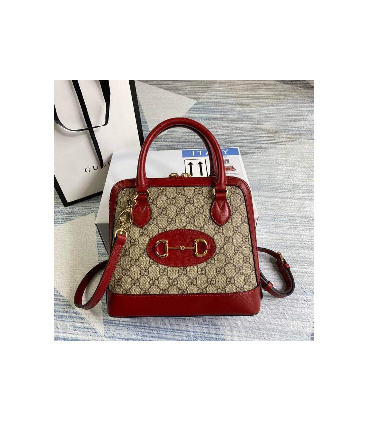 Gucci 1955 Horsebit mall Top Handle Bag In Red GG Supreme Canvas