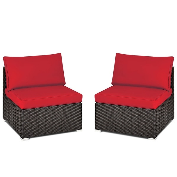 2 Pieces Patio Rattan Armless Sofa Set with 2 Cushions and 2 Pillows