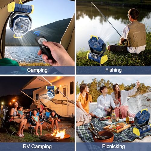 Odoland 30000mAh Camping Fan with LED Lantern, Rechargeable Battery Operated Oscillating with Remote Hook Stroage Bag, Portable Tent Fan with Timer, 4 Speeds for Outdoor RV Jobsite Power Outage, Green