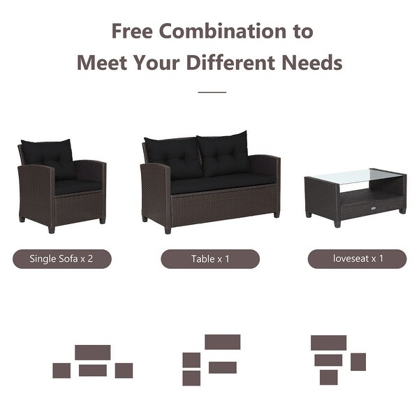 Costway 4 PCS Patio Rattan Furniture Set Glass Table Shelf Sofa