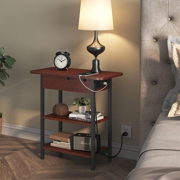 Set of 2 Flip Top Narrow Side Table,Nightstands,End Tables cherry