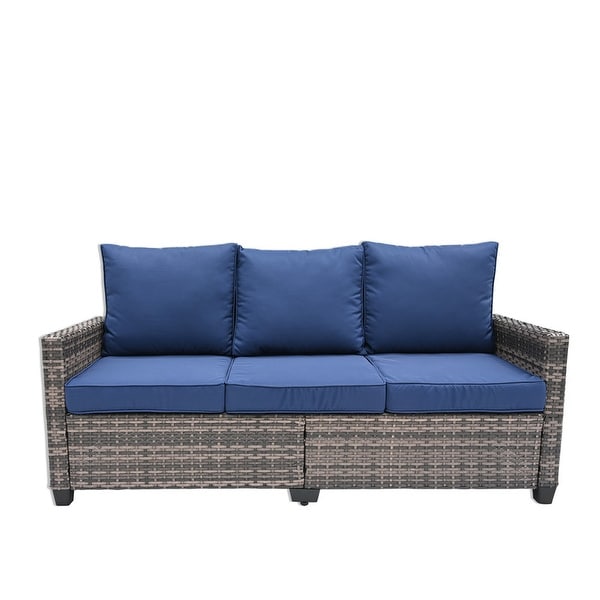 All Weather Outdoor Rattan Sofa,3 Seat Outdoor Wicker Couch with High Back,Premium Brown Wicker and Navy Blue Cushions